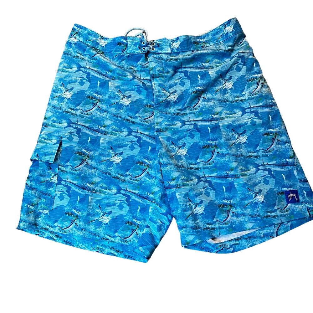 Guy Harvey Men's LG Blue Sailfish Print Swim Trunk Board Shorts